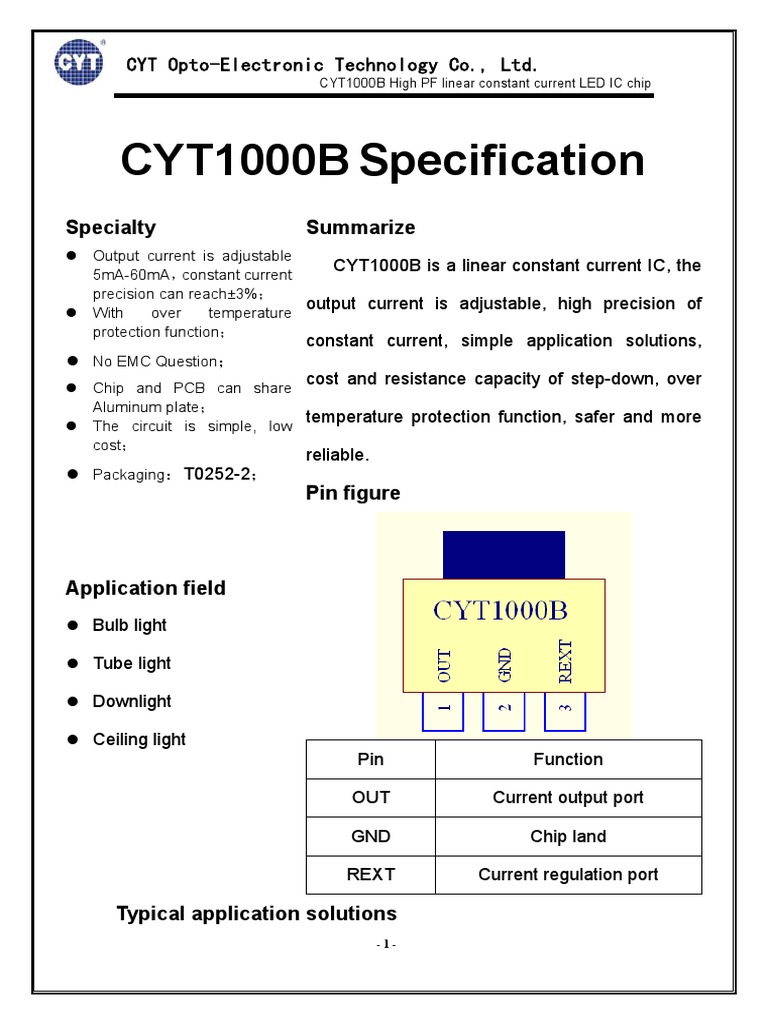 CYT1000B Specification CYT OptoElectronic Technology Co., LTD PDF