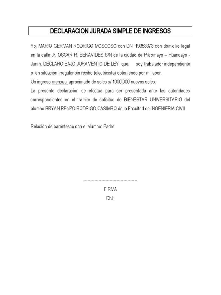 Declaración Jurada Simple de Ingresos | PDF