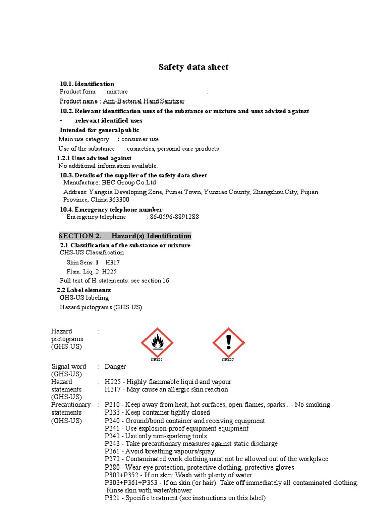 MSDS For Anti-Bacterial Hand Sanitizer (62% Alcohol) | PDF | Toxicity ...