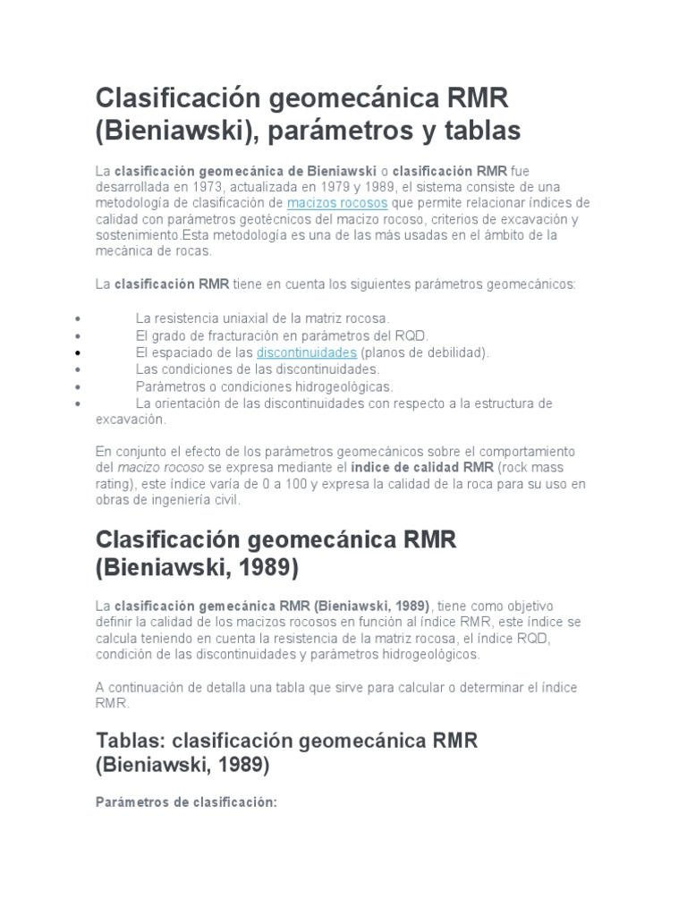 Clasificación Geomecánica RMR | PDF | Naturaleza | Ingeniería geotécnica