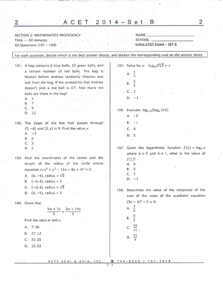 Acet 2014 Set B2 Math Proficiency | PDF