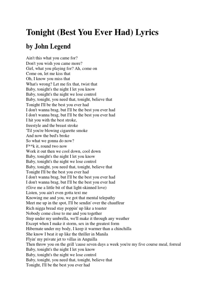 Tonight (Best You Ever Had) Lyrics by John Legend PDF