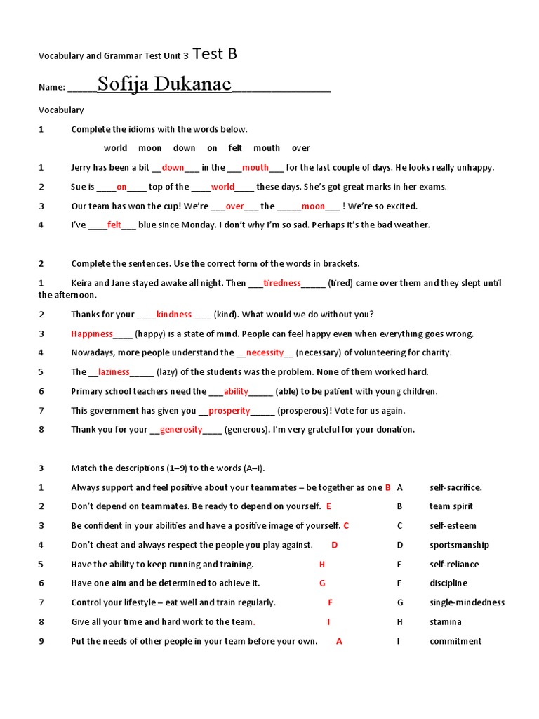 Vocabulary and Grammar Test Unit 3 B | PDF | Sports