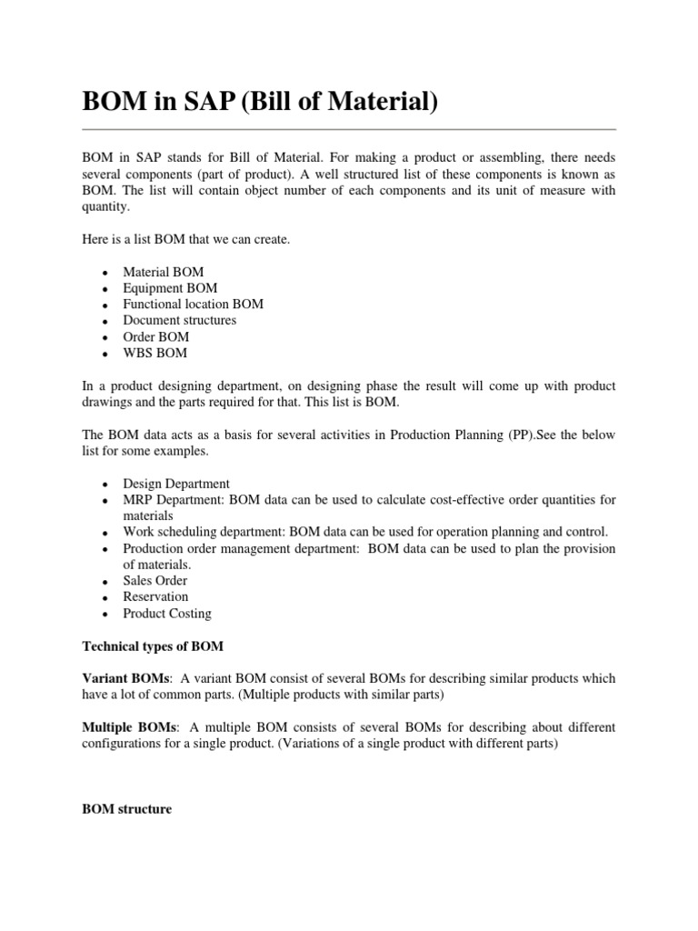 Understanding BOM Types in SAP | PDF | Finance & Money Management