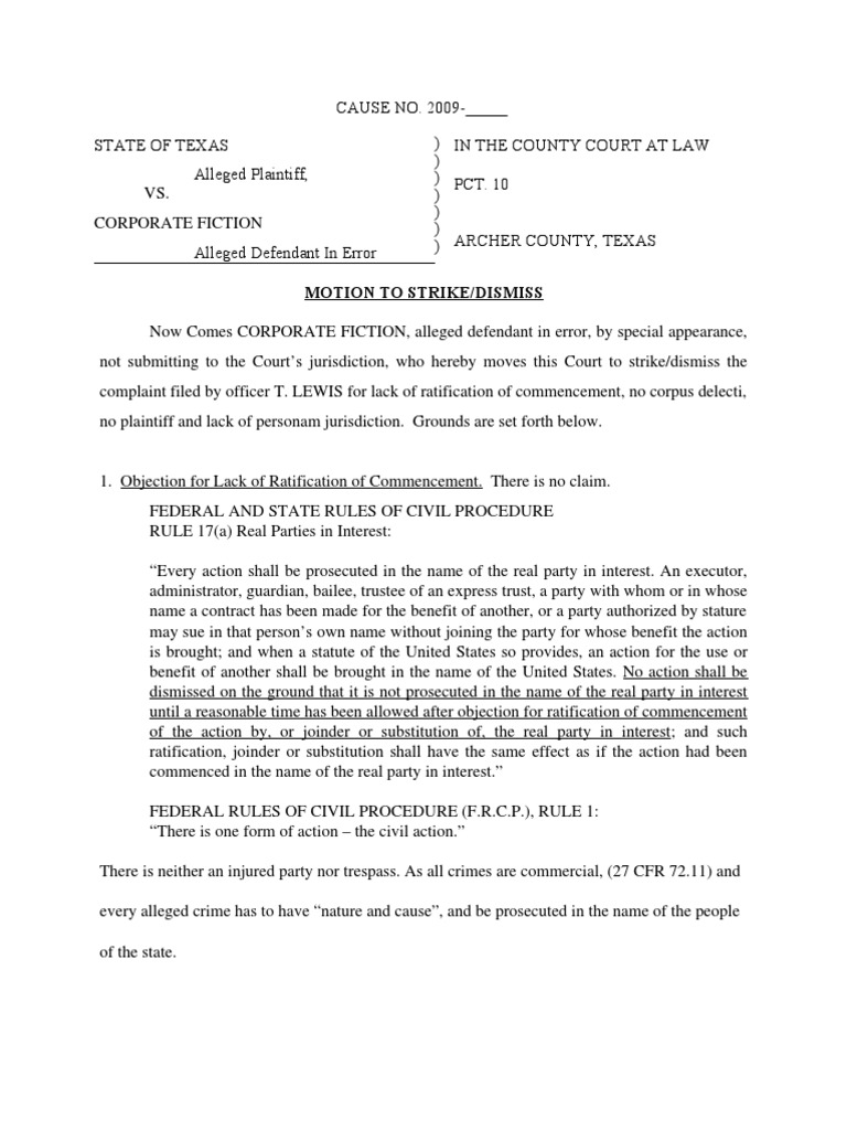 Motion To Dismiss Strike For Lack of StandingGeneric PDF Joinder