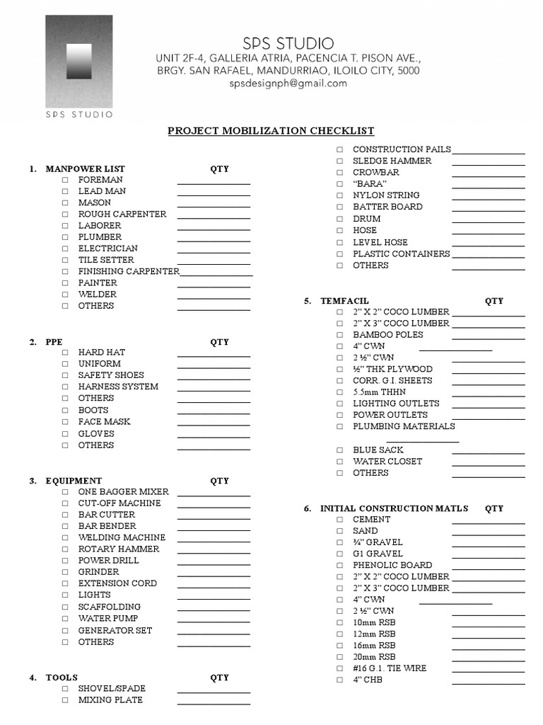 Project Mobilization Checklist | PDF | Mechanical Engineering | Equipment