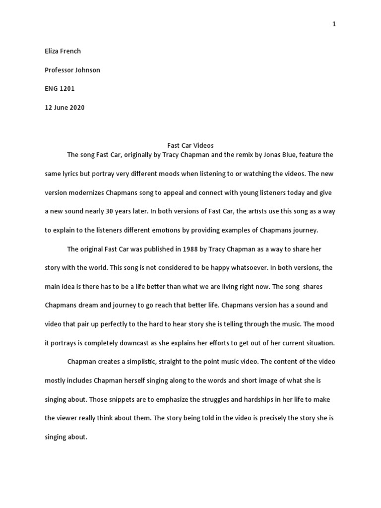 Final Draft Fast Car Essay 1 Entertainment General