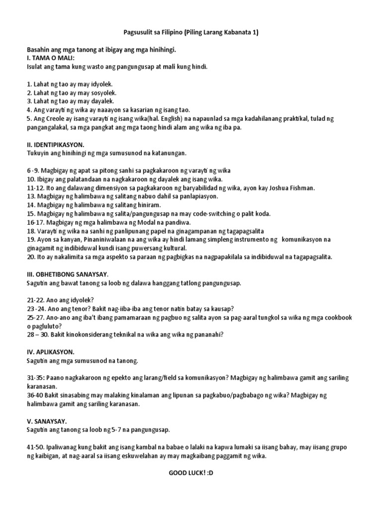 Pagsusulit Sa Filipino Exam | PDF