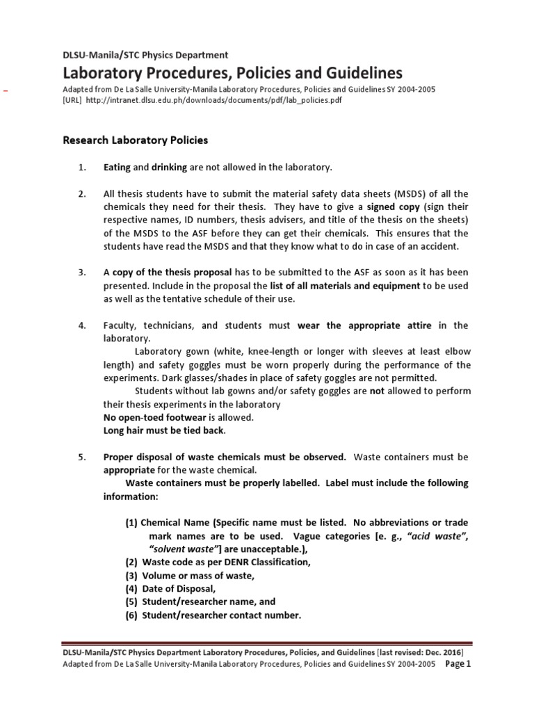 LaboratoryProcedurePoliciesGuidelines 2 PDF Laboratories Thesis