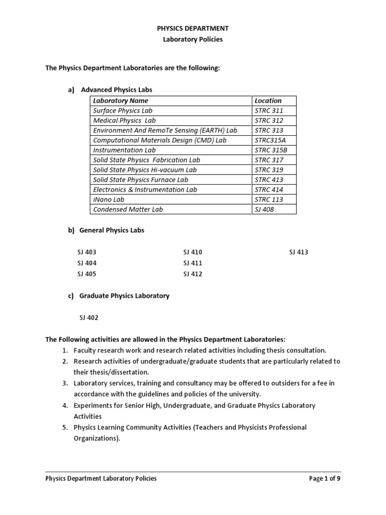 Physics Department Lab Policies PDF Laboratories Thesis