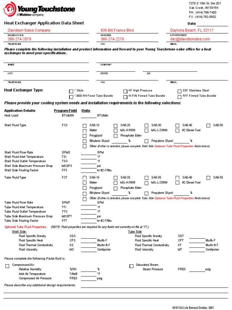 Heat Exchanger Application Data Sheet and Instructions for Davidson