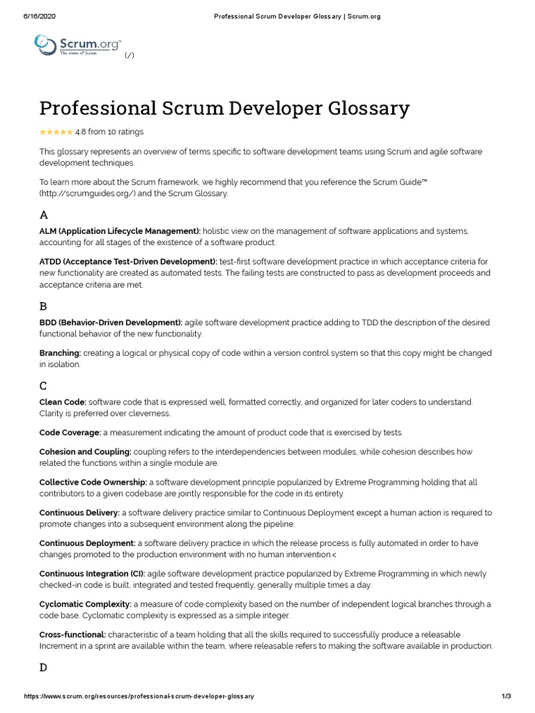 Professional Scrum Developer Glossary | PDF | Scrum (Software ...