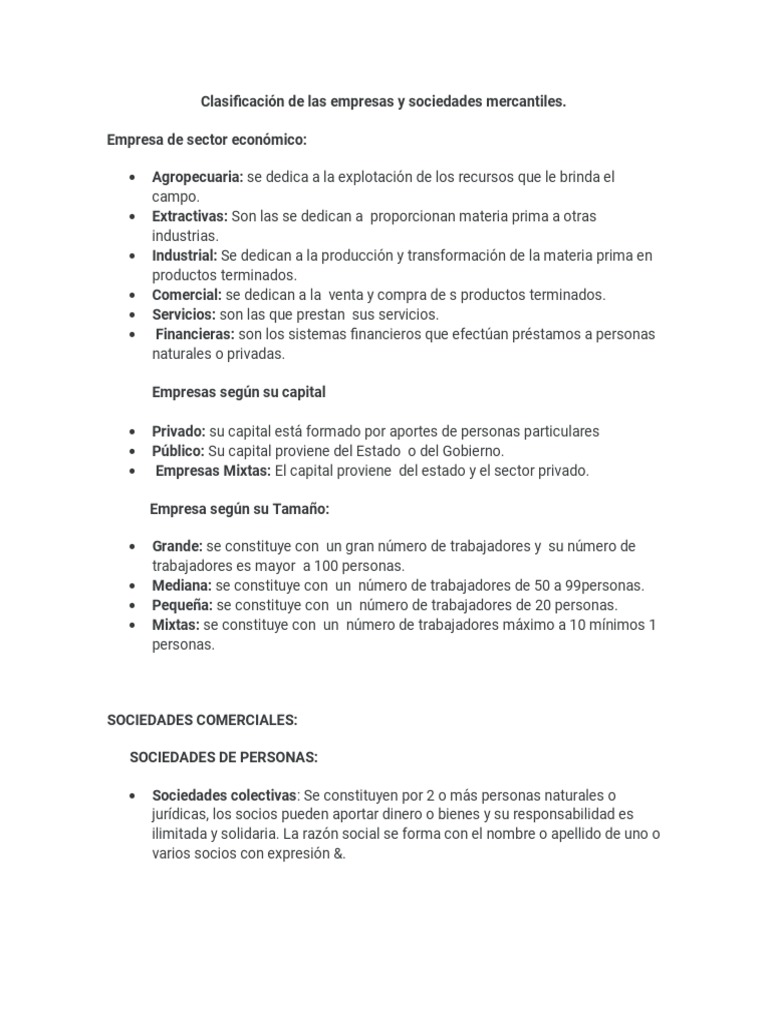 Clasificación de Las Empresas y Sociedades Mercantiles | PDF | Sociedad ...