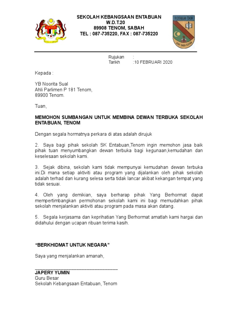 Contoh Surat Sokongan Ketua Jabatan Untuk Permohonan Pembinaan Dewan Terbuka