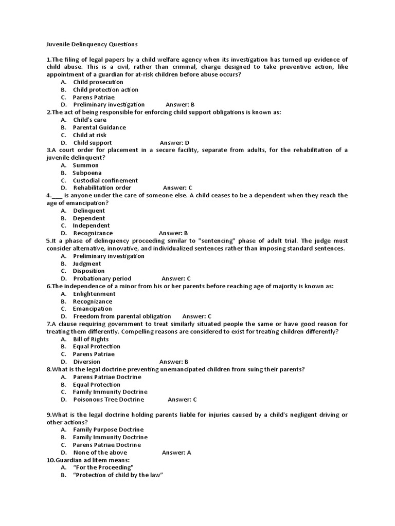 Juvenile Delinquency Review Questions PDF Legal Guardian Juvenile