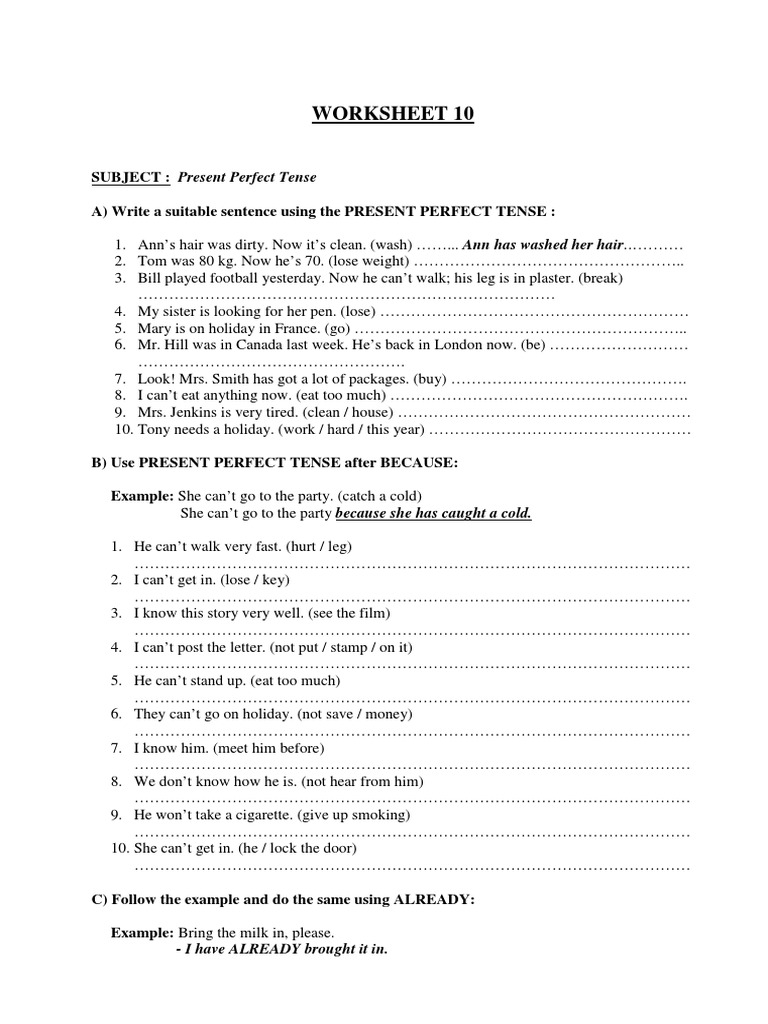 Present Perfect Tense Worksheet | PDF