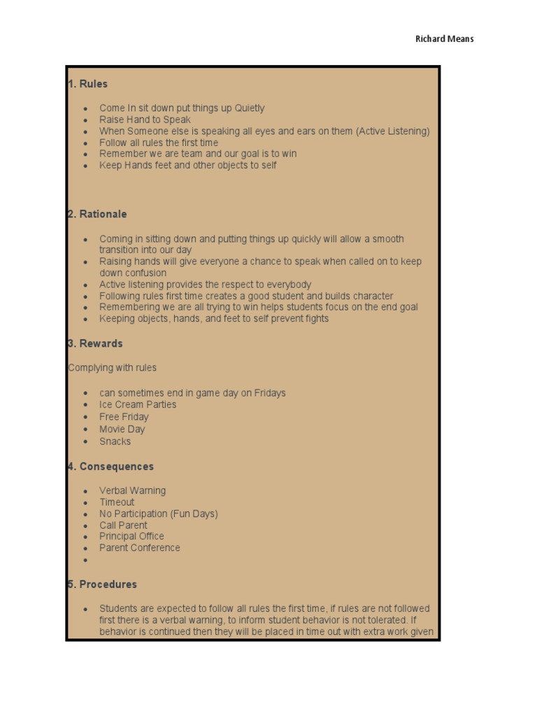 Classroom Rules and Consequences Guide | PDF