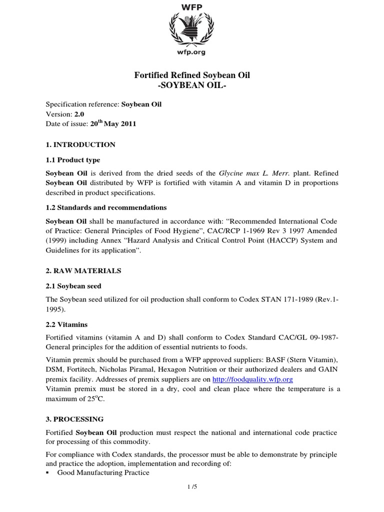 Fortified Refined Soybean Oil Soybean Oil PDF Hazard Analysis And