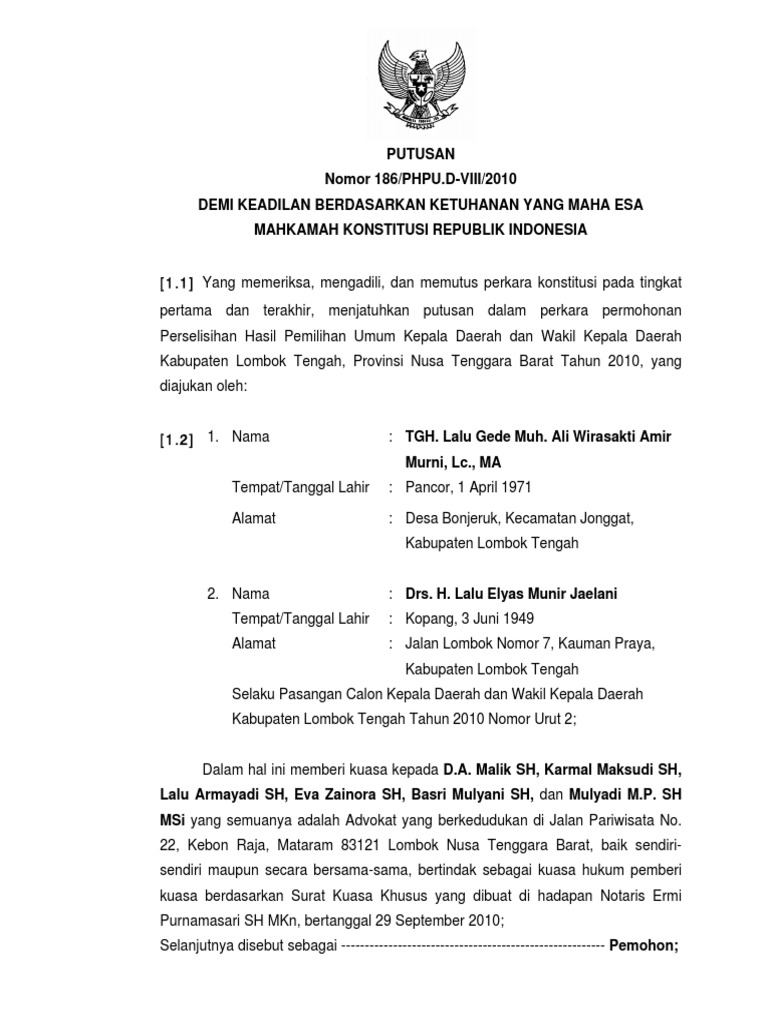 Putusan Sidang Put 186 Phpu D Viii 2010 Kab Lombok Tengah Telah Baca Pdf Pdf