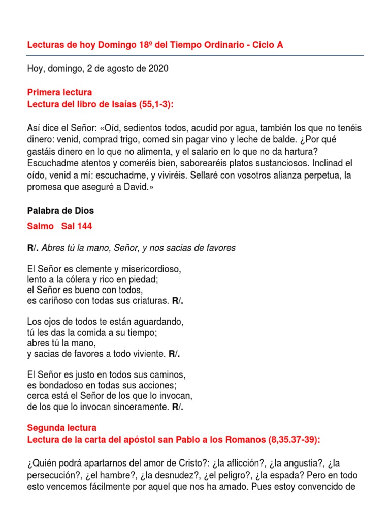 Lecturas de Hoy Domingo 18º Del Tiempo Ordinario | PDF | Jesús | Textos ...