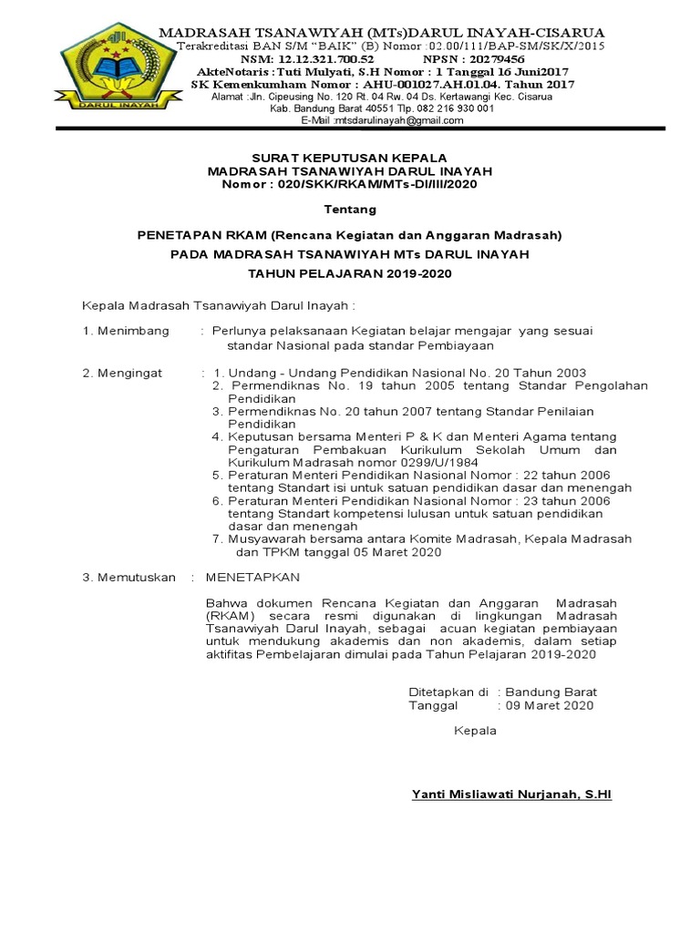 Penetapan RKAM MTs Darul Inayah 2019-2020 | PDF