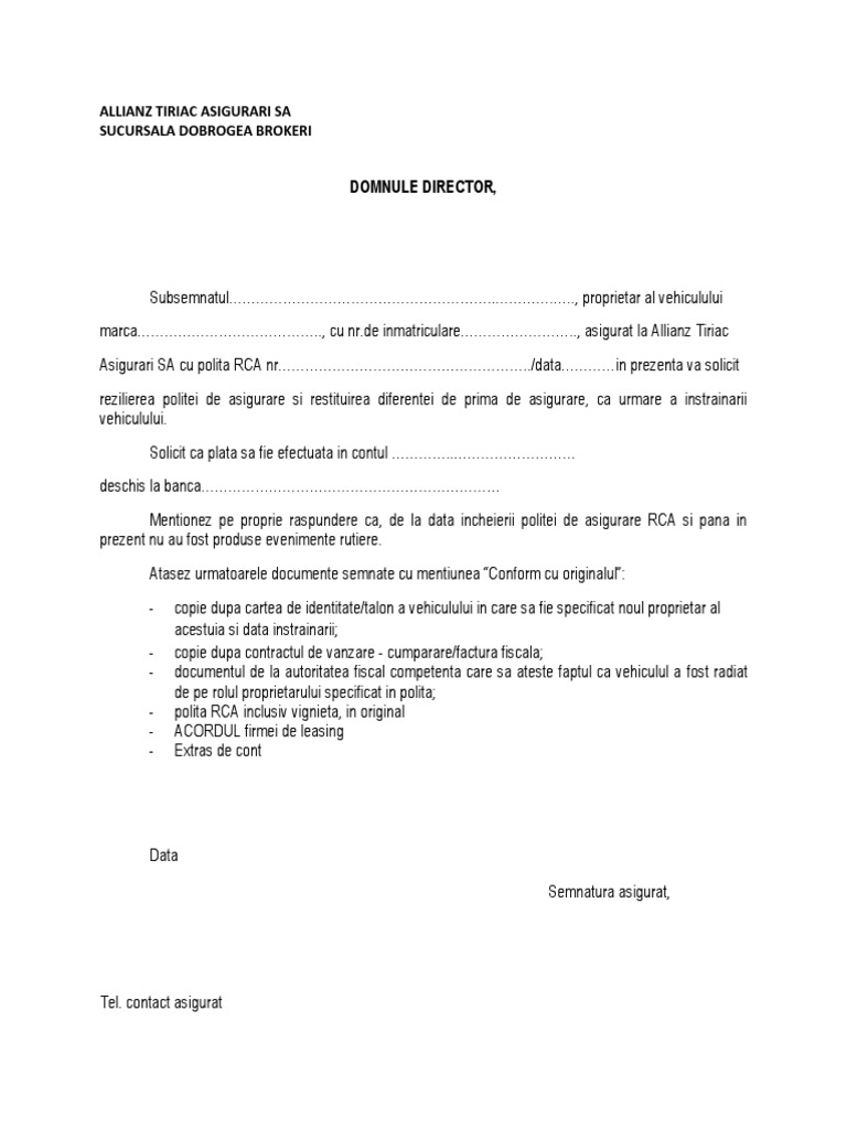 Cerere Restituire Rca | PDF