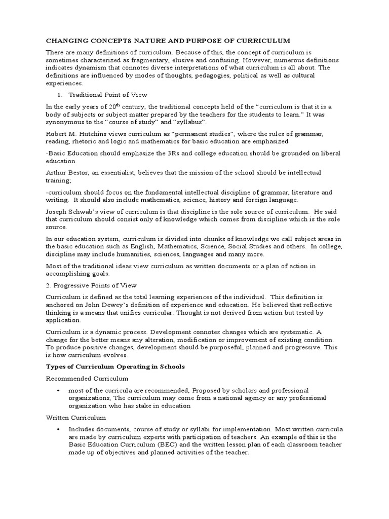 Nature and Change of Curriculum Concepts | PDF | Curriculum | Education ...
