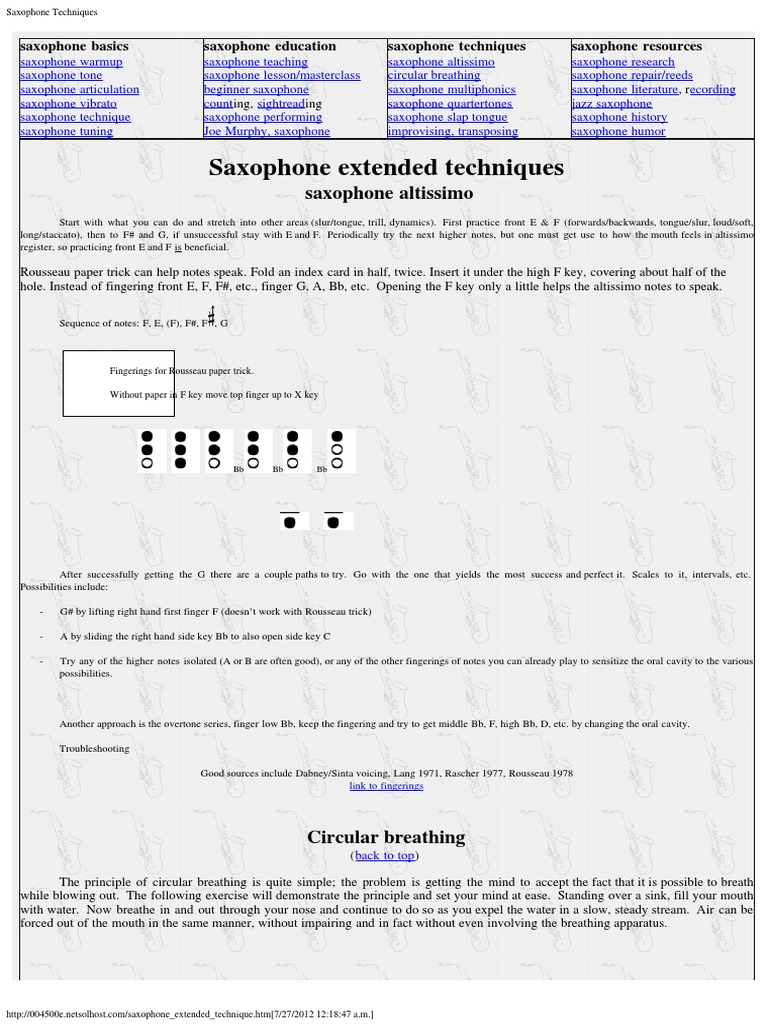 Saxophone Extended Techniques Guide | PDF | Saxophone | Breathing