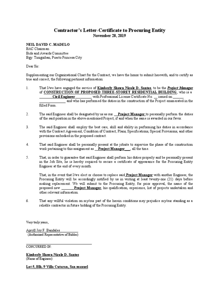 Contractor's LetterCertificate To Procuring Entity PDF Engineer