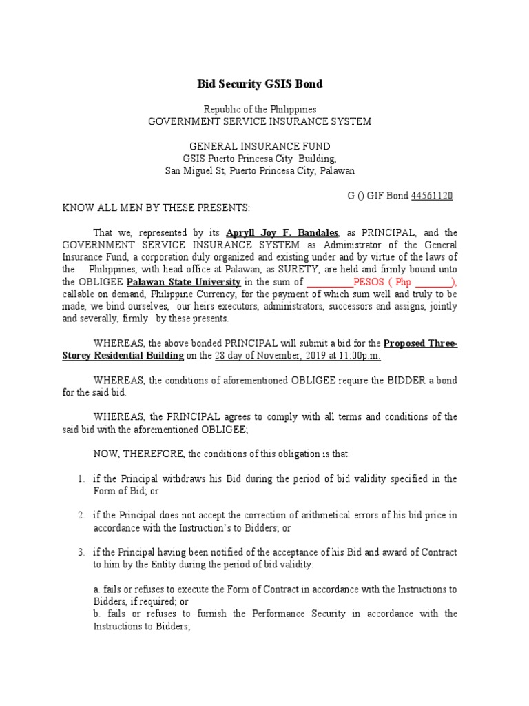 Bid Security GSIS Bond PDF Surety Civil Law (Legal System)