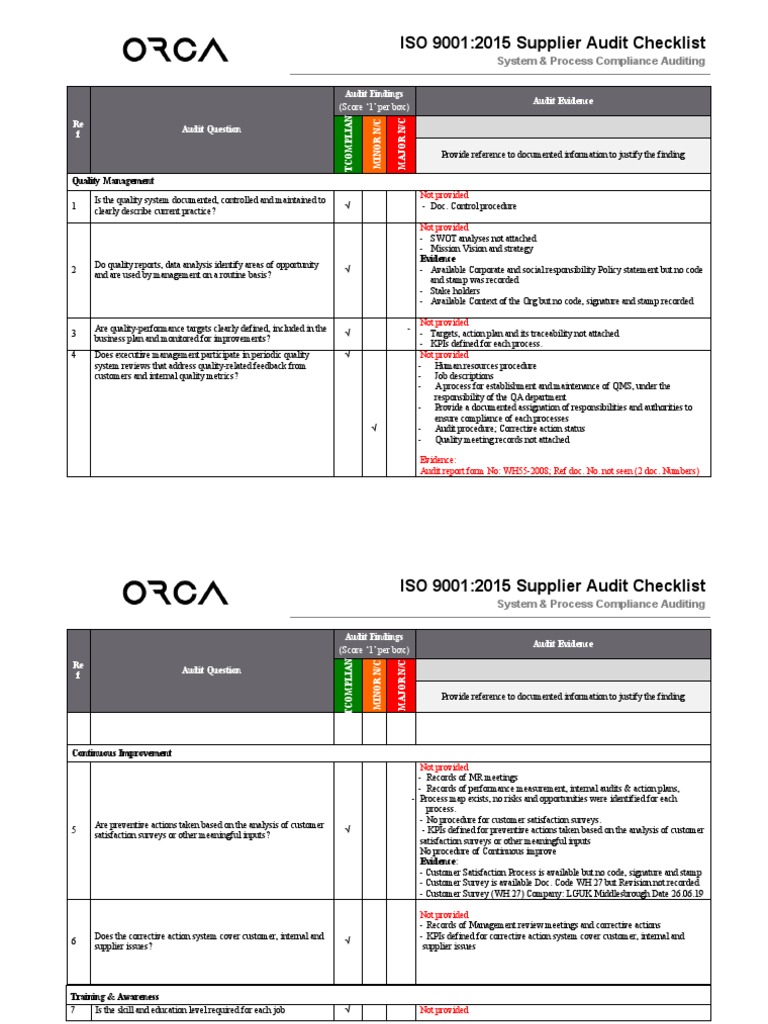 ISO 9001:2015 Supplier Audit Checklist | PDF | Audit | Iso 9000