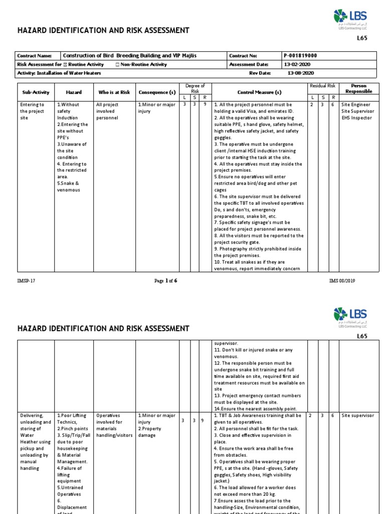 Risk Assessment For Water Heaters Installation PDF Personal