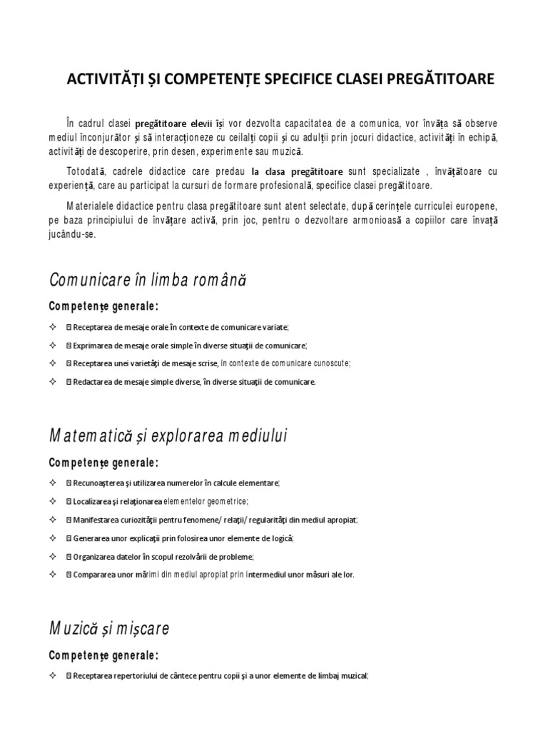 Activitati Si Competente Specifice Clasei Pregatitoare Pentru Anul Scolar 2017 2018