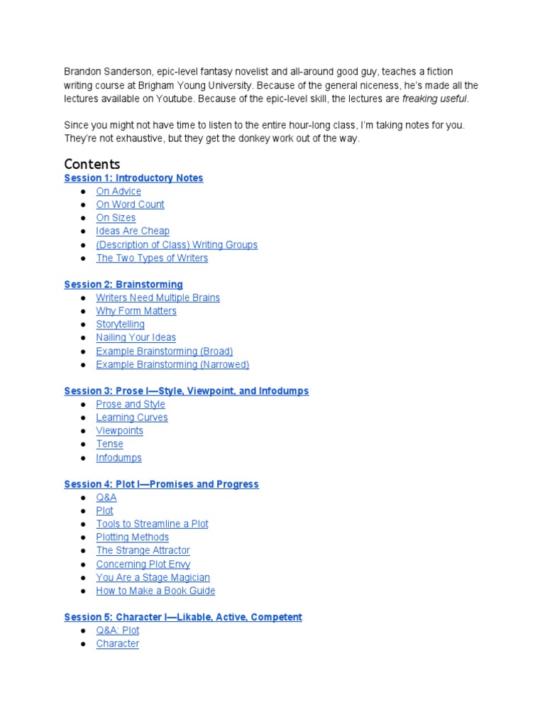 Brandon Sanderson Lecture Series Notes PDF Narration Writers