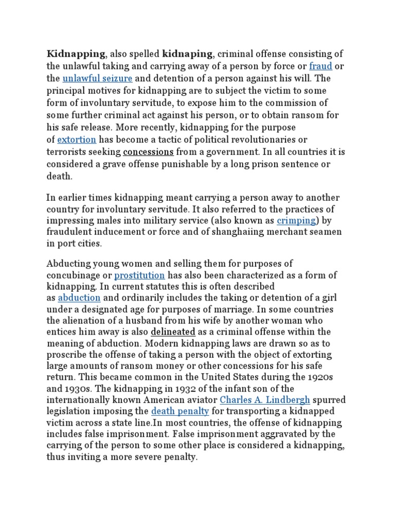 Fraud Unlawful Seizure Kidnapping Also Spelled Kidnaping Criminal