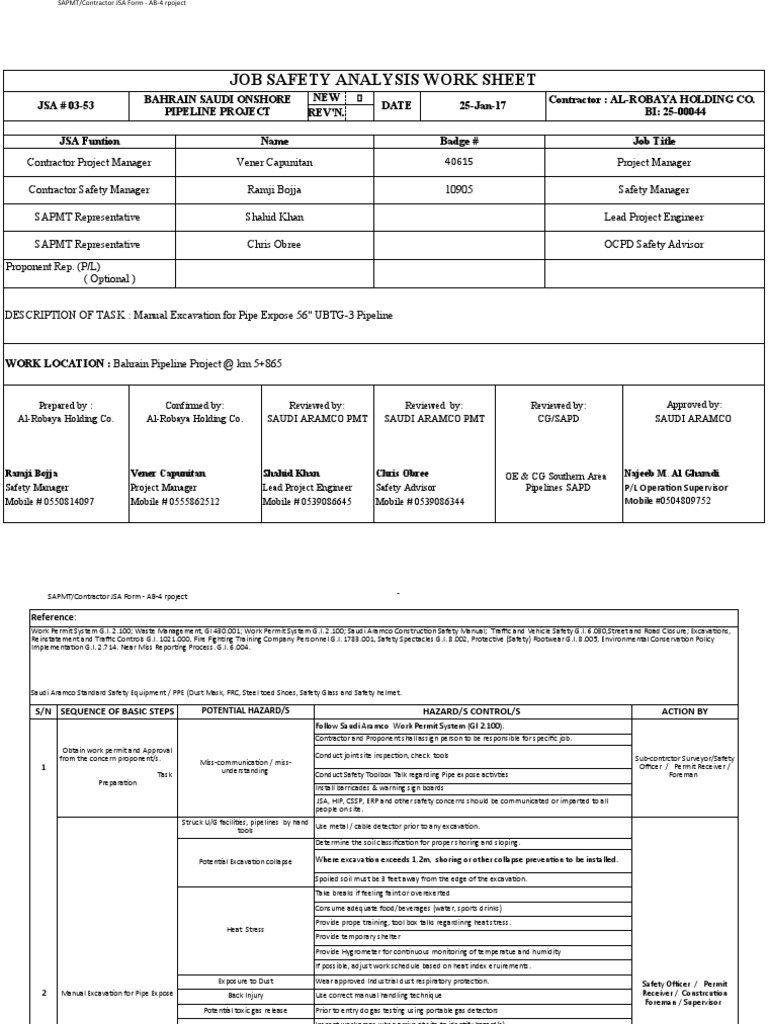 JSA for Manual Excavation at Aramco | PDF | Personal Protective ...