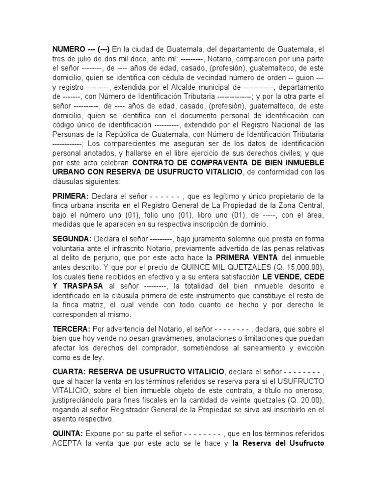 Escritura de Contrato de Compraventa Con Reserva de Usufructo Vitalicio |  PDF | Propiedad | Guatemala