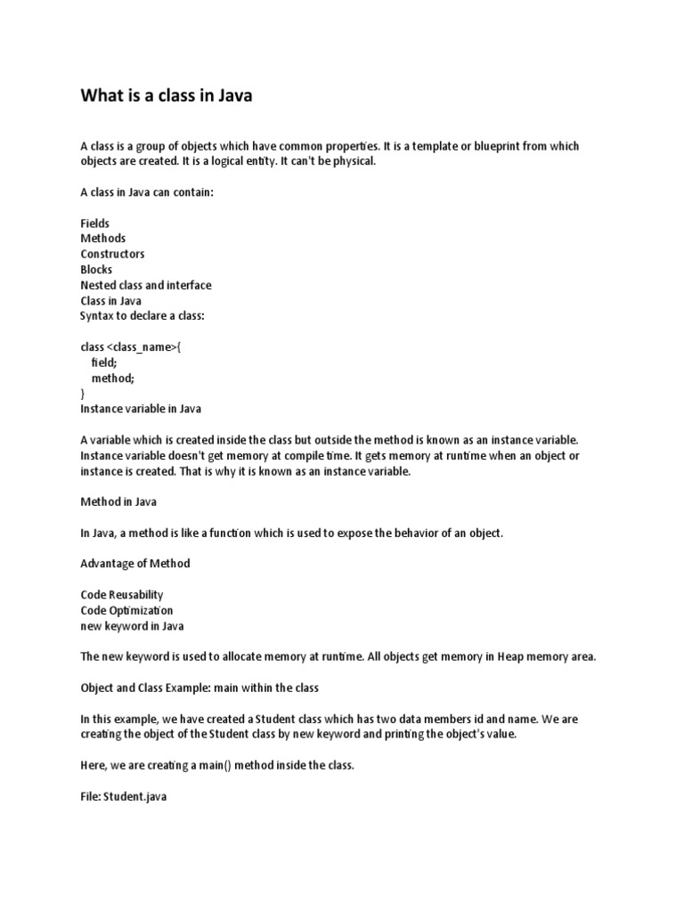 What is a class in Java - blueprint, fields, methods, objects | PDF