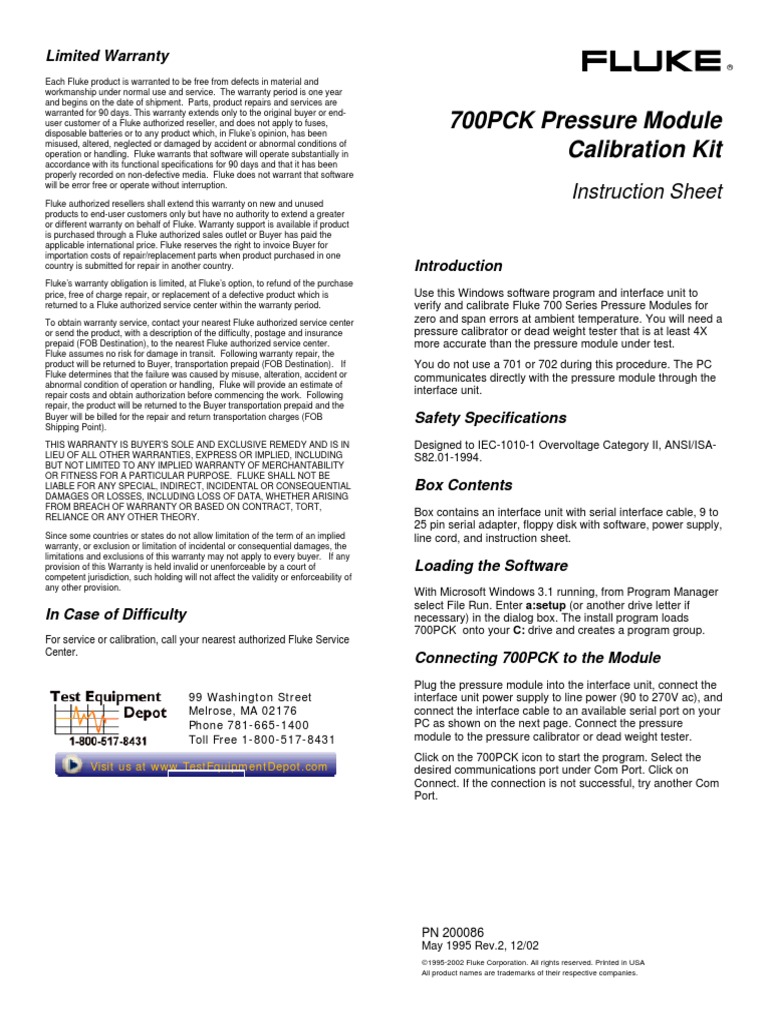 700PCK Pressure Module Calibration Kit Instruction Sheet PDF