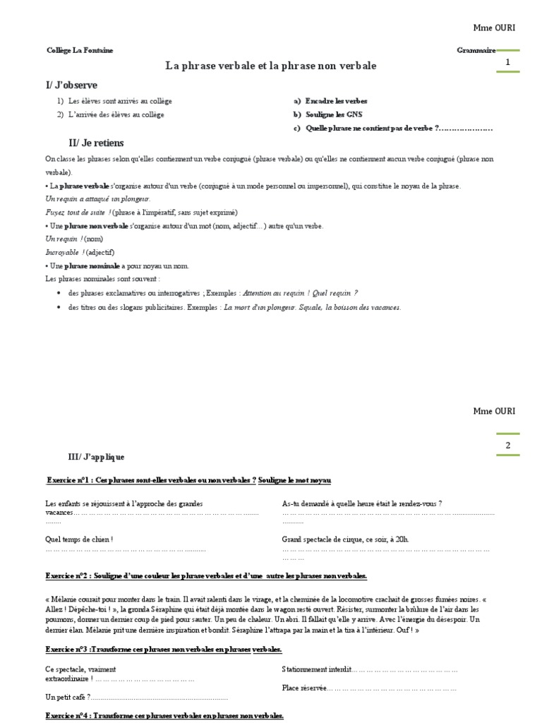 Exercice Phrase Verbale Et Nominale Phrase Verbale Phrase Non Verbale | PDF | Phrase | Verbe