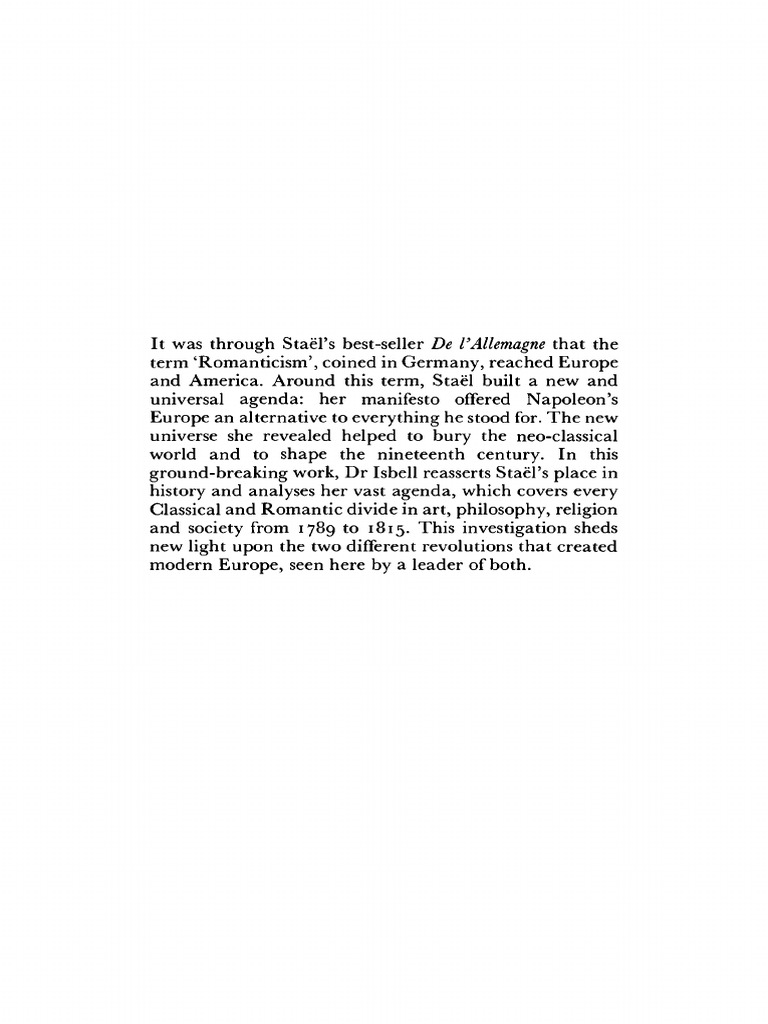 Clairborne Isbell 1995 The Birth Of European Romanticism Truth And Propaganda In Stael S De L Allemagne 1810 1813 Romanticism Prussia
