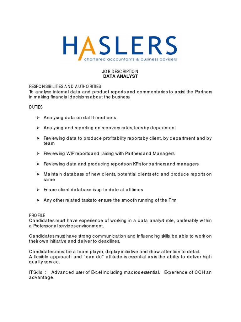 Job Description Data Analyst Responsibilities and Authorities PDF