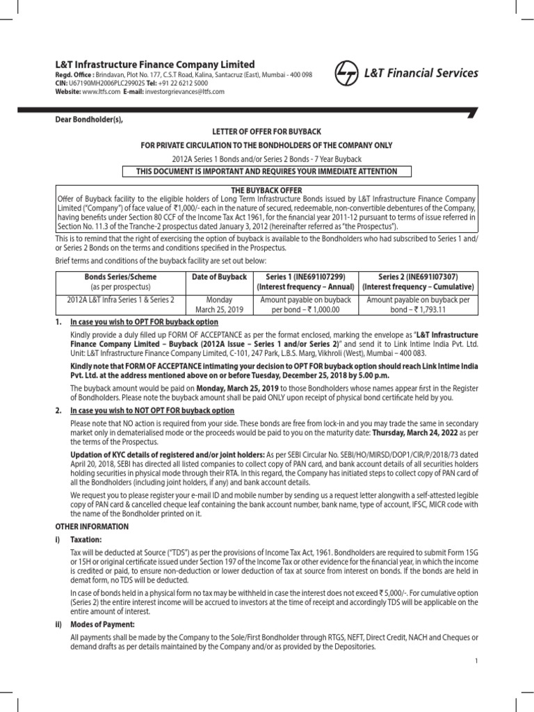 2012a Buyback Notice PDF Bonds (Finance) Cheque