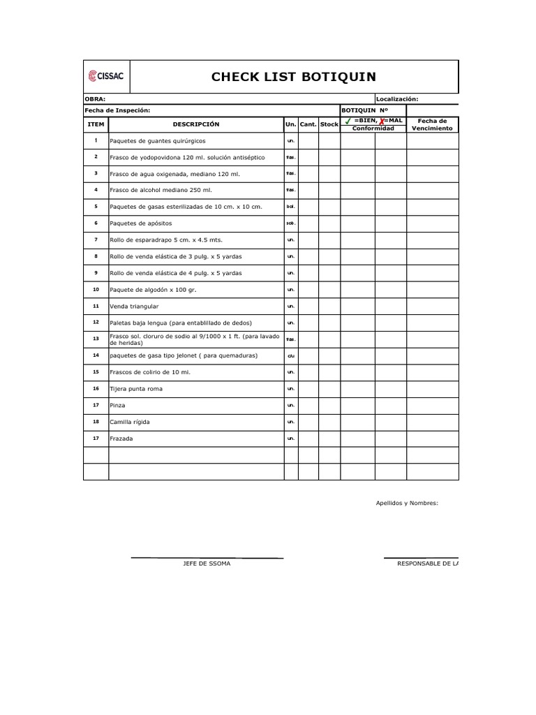 Checklist de Botiquín de Primeros Auxilios | PDF | Elementos químicos ...