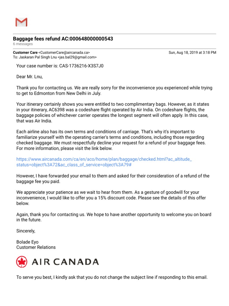 Gmail Baggage Fees Refund AC 000648000000543 PDF Ticket