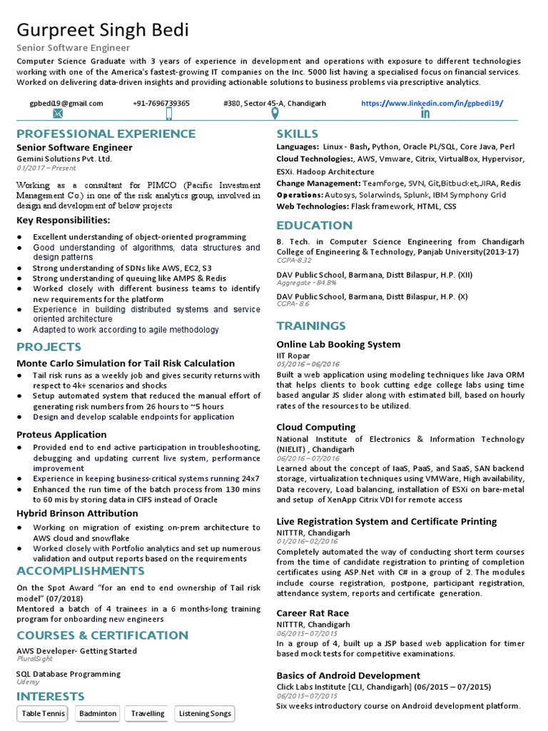 Gurpreet Singh Bedi: Software Engineer Profile | PDF | Cloud Computing ...