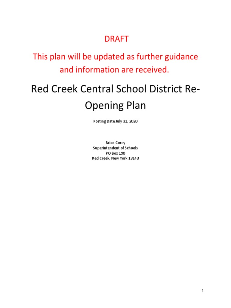 Red Creek Central School District ReOpening Plan PDF Hygiene Classroom