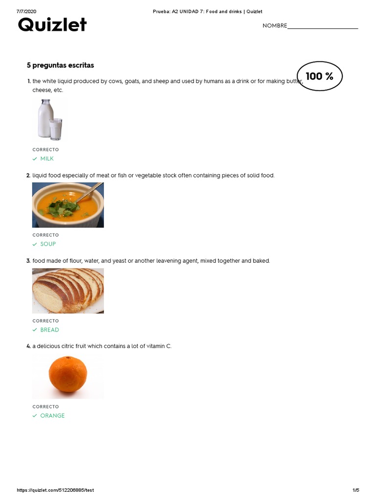 Prueba A2 UNIDAD 7 Food and Drinks Quizlet PDF Fruit Drink