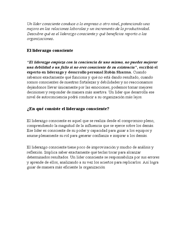 Beneficios del Liderazgo Consciente | PDF | Liderazgo | Ciencias del ...