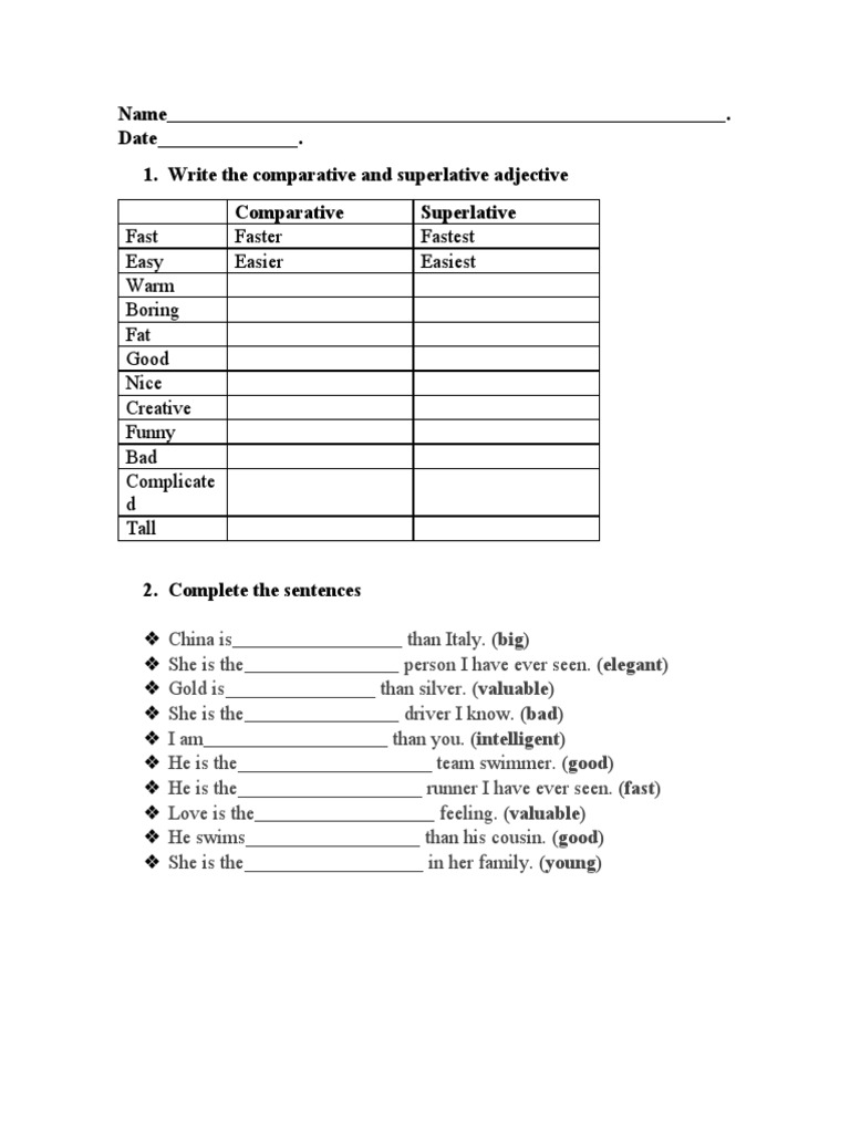 Fast Faster Fastest Easy Easier Easiest Warm Boring Fat Good Nice